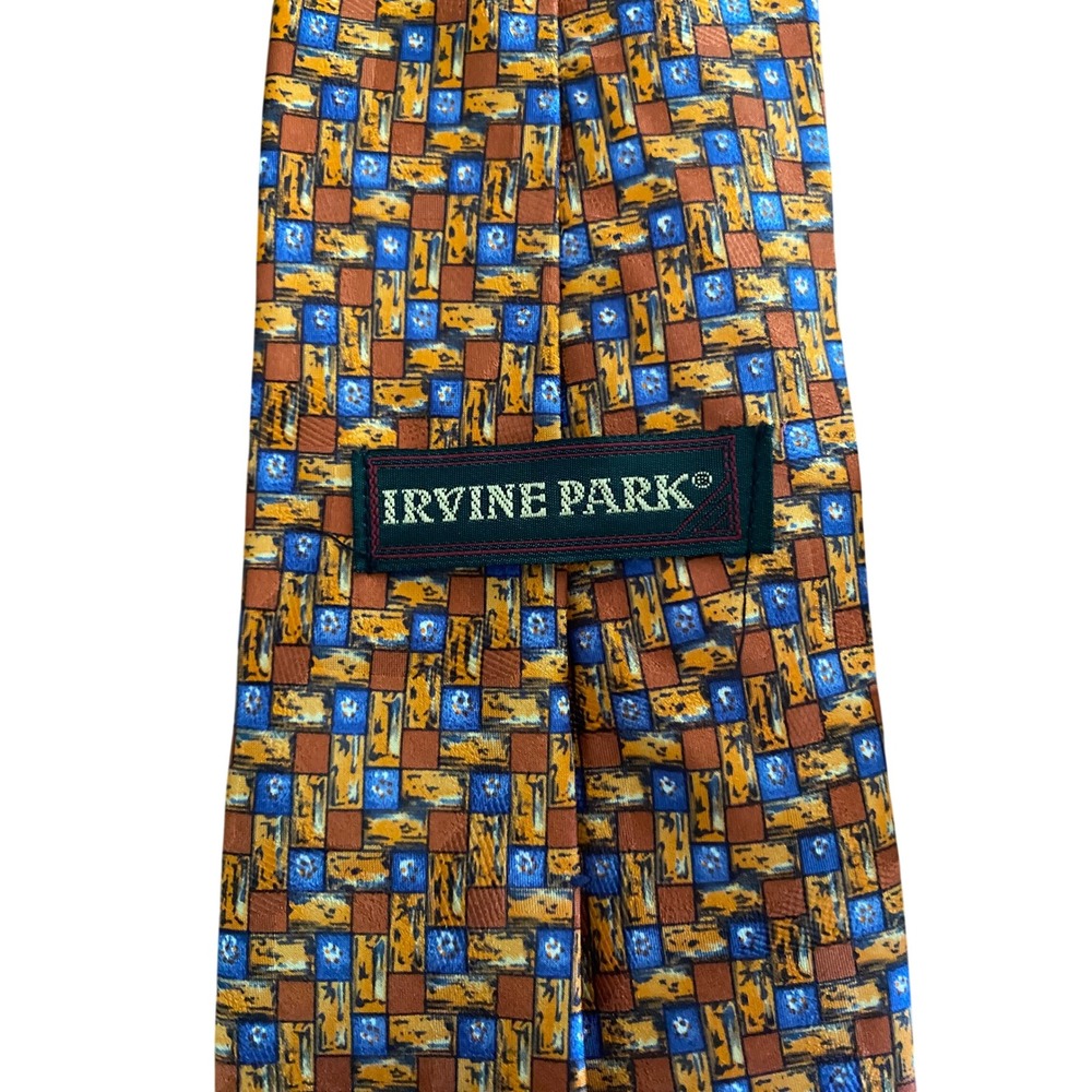 Irvine Park Mens Silk Tie Orange Blue‎ Geometric Mosaic Pattern Made in USA